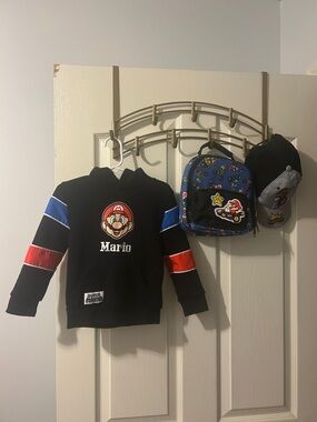 Nintendo Black Kids Hoodie w/Super Mario Graphic , hat and lunch/ snack box.